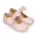 Shiny Canvas Little Mary Jane shoes with hook and loop strap closure with bow.