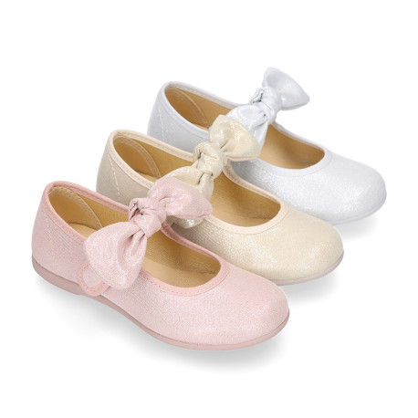 Shiny Canvas Little Mary Jane shoes with hook and loop strap closure with bow.