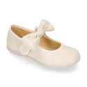 Shiny Canvas Little Mary Jane shoes with hook and loop strap closure with bow.