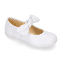 Shiny Canvas Little Mary Jane shoes with hook and loop strap closure with bow.