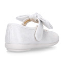 Shiny Canvas Little Mary Jane shoes with hook and loop strap closure with bow.