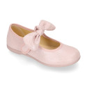 Shiny Canvas Little Mary Jane shoes with hook and loop strap closure with bow.