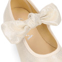 Shiny Canvas Little Mary Jane shoes with hook and loop strap closure with bow.