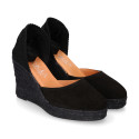 Black suede leather women espadrille shoes with ties closure.