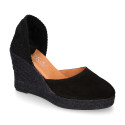 Black suede leather women espadrille shoes with ties closure.