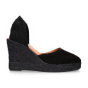 Black suede leather women espadrille shoes with ties closure.