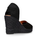 Black suede leather women espadrille shoes with ties closure.