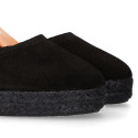 Black suede leather women espadrille shoes with ties closure.