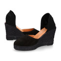 Black suede leather women espadrille shoes with ties closure.