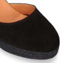 Black suede leather women espadrille shoes with ties closure.