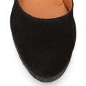 Black suede leather women espadrille shoes with ties closure.