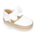 Voile cotton canvas baby girl espadrille shoes with bow design.