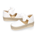 Voile cotton canvas baby girl espadrille shoes with bow design.