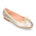 Laminated Soft suede leather girl ballet flats with adjustable ribbon.