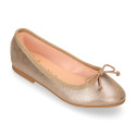 Laminated Soft suede leather girl ballet flats with adjustable ribbon.