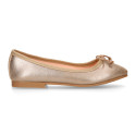 Laminated Soft suede leather girl ballet flats with adjustable ribbon.