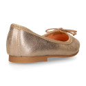 Laminated Soft suede leather girl ballet flats with adjustable ribbon.