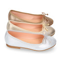 Laminated Soft suede leather girl ballet flats with adjustable ribbon.