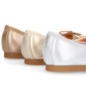 Laminated Soft suede leather girl ballet flats with adjustable ribbon.