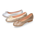 Laminated Soft suede leather girl ballet flats with adjustable ribbon.