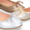 Laminated Soft suede leather girl ballet flats with adjustable ribbon.