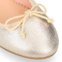 Laminated Soft suede leather girl ballet flats with adjustable ribbon.