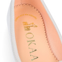 Laminated Soft suede leather girl ballet flats with adjustable ribbon.