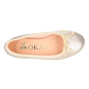 Laminated Soft suede leather girl ballet flats with adjustable ribbon.