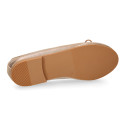 Laminated Soft suede leather girl ballet flats with adjustable ribbon.