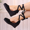 Black suede leather women espadrille shoes with ties closure.