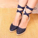 Navy blue Glitter Woman wedge espadrilles shoes with ribbons closure.