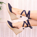 Navy blue Glitter Woman wedge espadrilles shoes with ribbons closure.