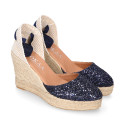 Navy blue Glitter Woman wedge espadrilles shoes with ribbons closure.