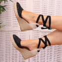 Black Glitter Woman wedge espadrilles shoes with ribbons closure.