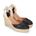 Black Glitter Woman wedge espadrilles shoes with ribbons closure.