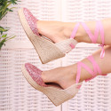 Pink Glitter Woman wedge espadrilles shoes with ribbons closure.