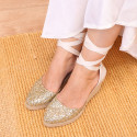 Gold Glitter Woman wedge espadrilles shoes with ribbons closure.