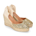 Gold Glitter Woman wedge espadrilles shoes with ribbons closure.