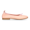 Soft Nappa leather classic girl ballet flats with adjustable ribbon in Nude color.