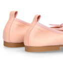 Soft Nappa leather classic girl ballet flats with adjustable ribbon in Nude color.