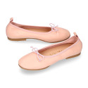 Soft Nappa leather classic girl ballet flats with adjustable ribbon in Nude color.