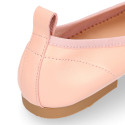 Soft Nappa leather classic girl ballet flats with adjustable ribbon in Nude color.