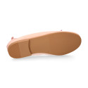 Soft Nappa leather classic girl ballet flats with adjustable ribbon in Nude color.