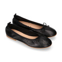 Soft Nappa leather classic girl ballet flats with adjustable ribbon in Black color.