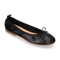 Soft Nappa leather classic girl ballet flats with adjustable ribbon in Black color.