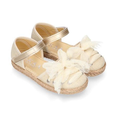 Linen Canvas Girl espadrille shoes with tulle ties design.