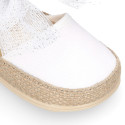 White cotton canvas baby girl espadrille shoes with tulle bow design.