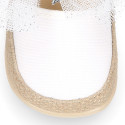 White cotton canvas baby girl espadrille shoes with tulle bow design.