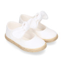 Cotton canvas espadrille shoes little Mary Jane style with hook and loop strap and bow.