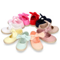 Cotton canvas espadrille shoes little Mary Jane style with hook and loop strap and bow.